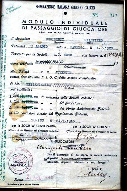 Il contratto di Giampiero Boniperti alla Juventus, datato 24 luglio 1946 (Aldo Liverani)